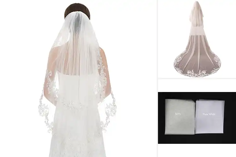 Detailed view of Best Two Tier Lace Appliques Veil